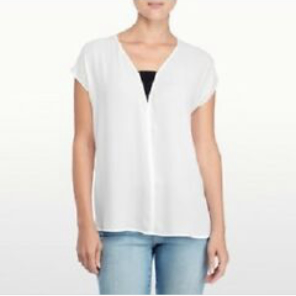 NYDJ Optic White Black Mesh V Neck Blouse